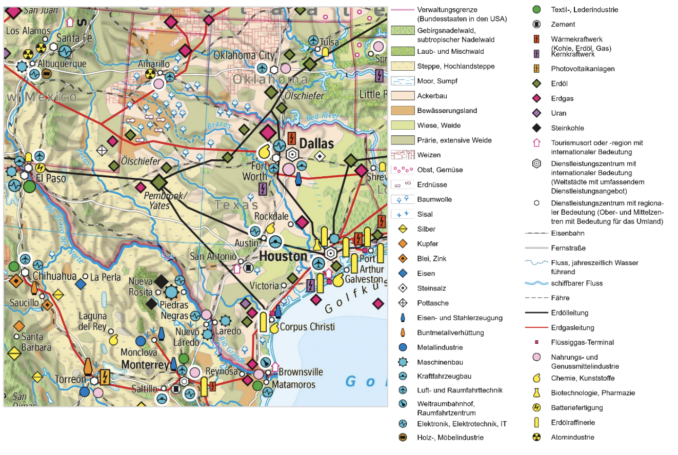 Wirtschaftskarte von Texas und Nordmexiko mit Städten, Verkehrswegen und Industriezweigen.